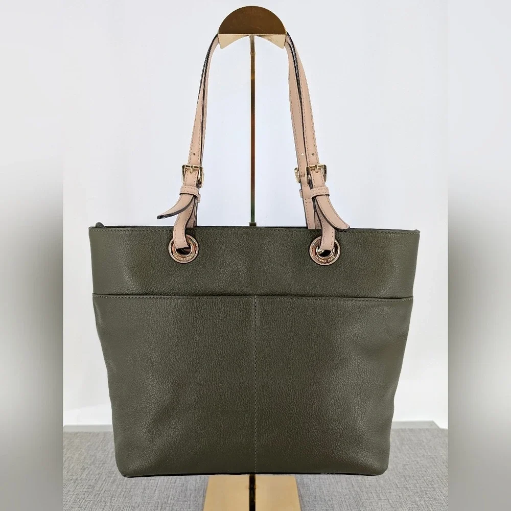 Michael Kors Bedford Medium Pocket Tote Olive Green Pebbled‎ Leather Handbag